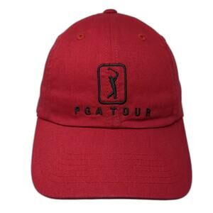 PGA Tour Baseball Cap Red One Size Adjustable Embroidered 6 Panel